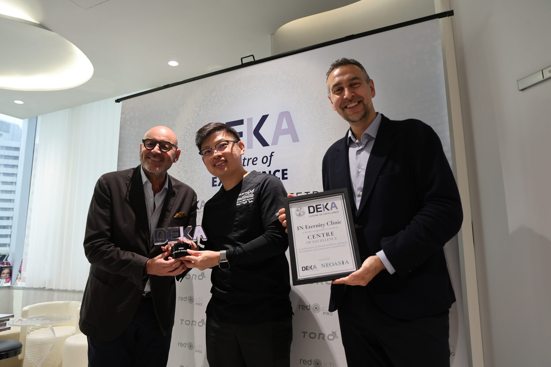 DEKA Centre of Excellence certificate presented to IN Eternity Clinic by DEKA and NeoAsia, July 2026