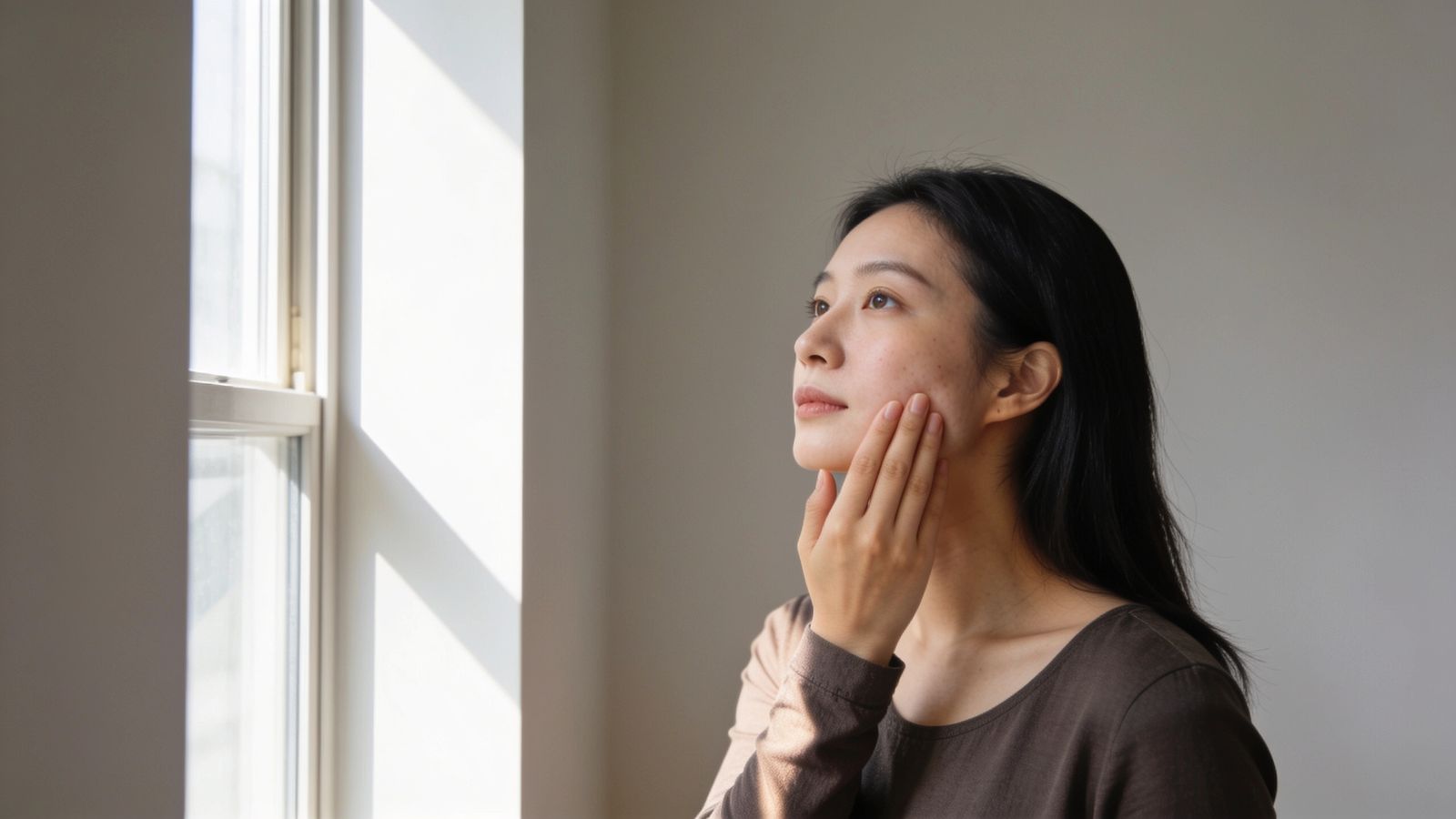 女士在侧光下检查皮肤，区分痘印与痘坑
