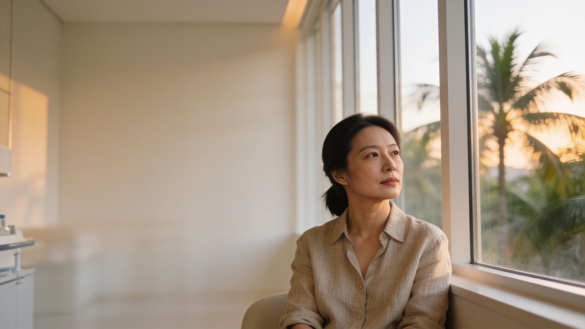 Composed East Asian woman seated by a window in soft light