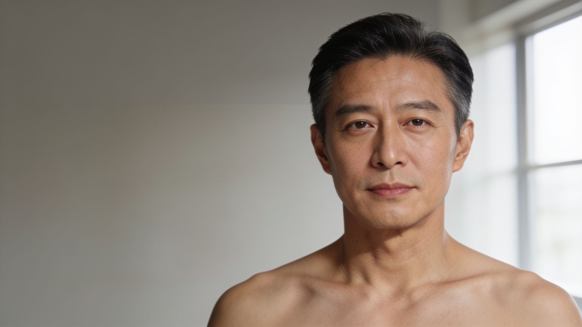 Man in his mid forties with a calm, rested expression