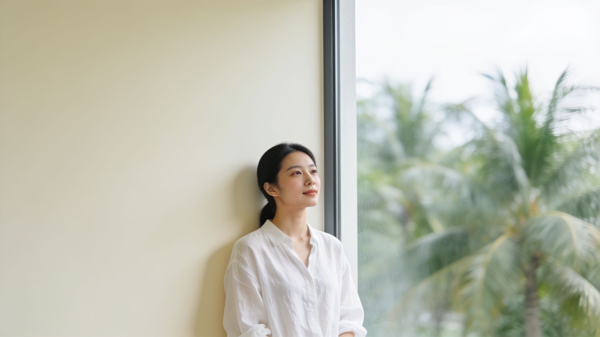 Woman in a light linen shirt by a window, representing fungal acne in humid weather