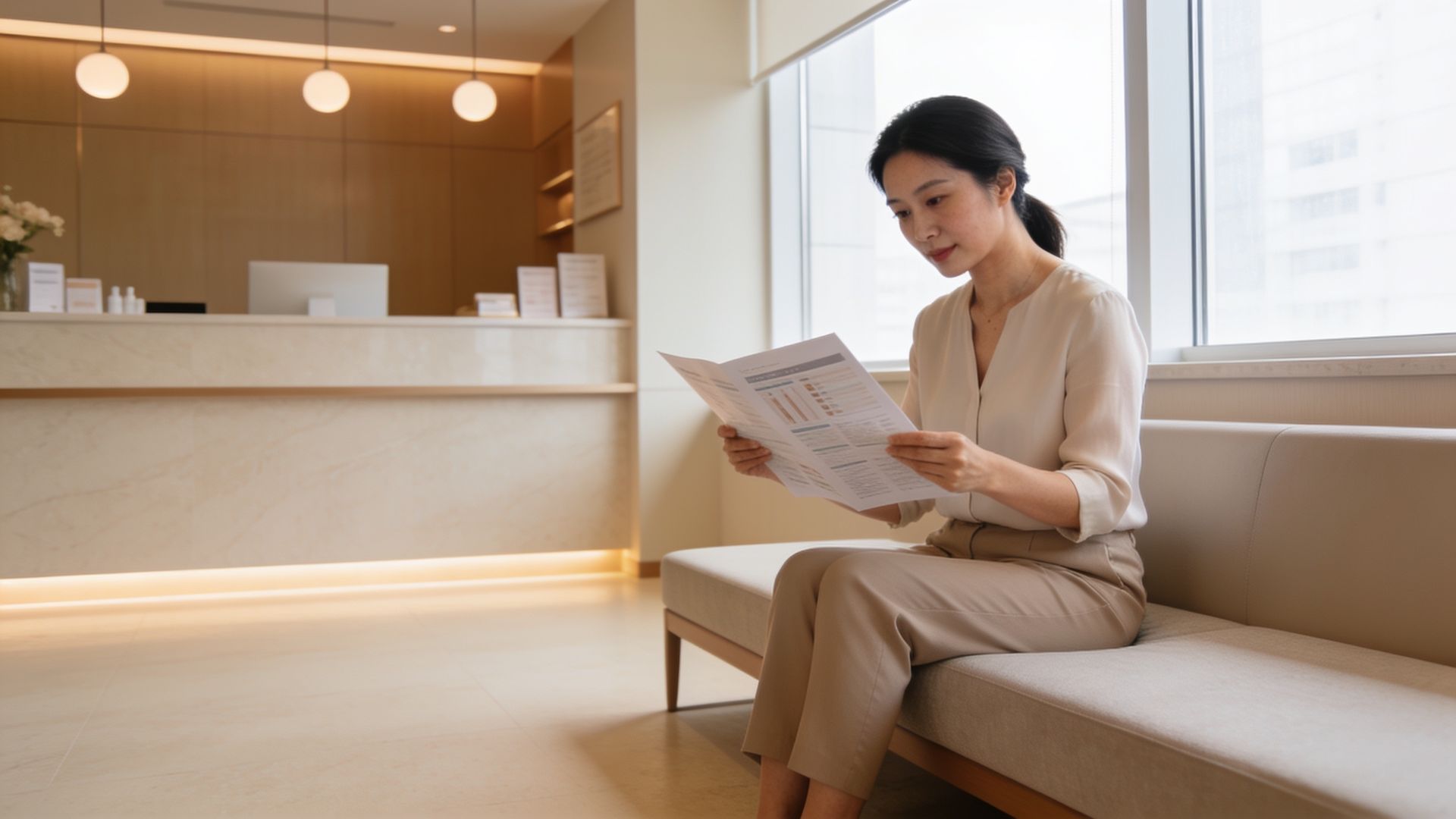 A woman reading clinic information before an aesthetic treatment in Singapore