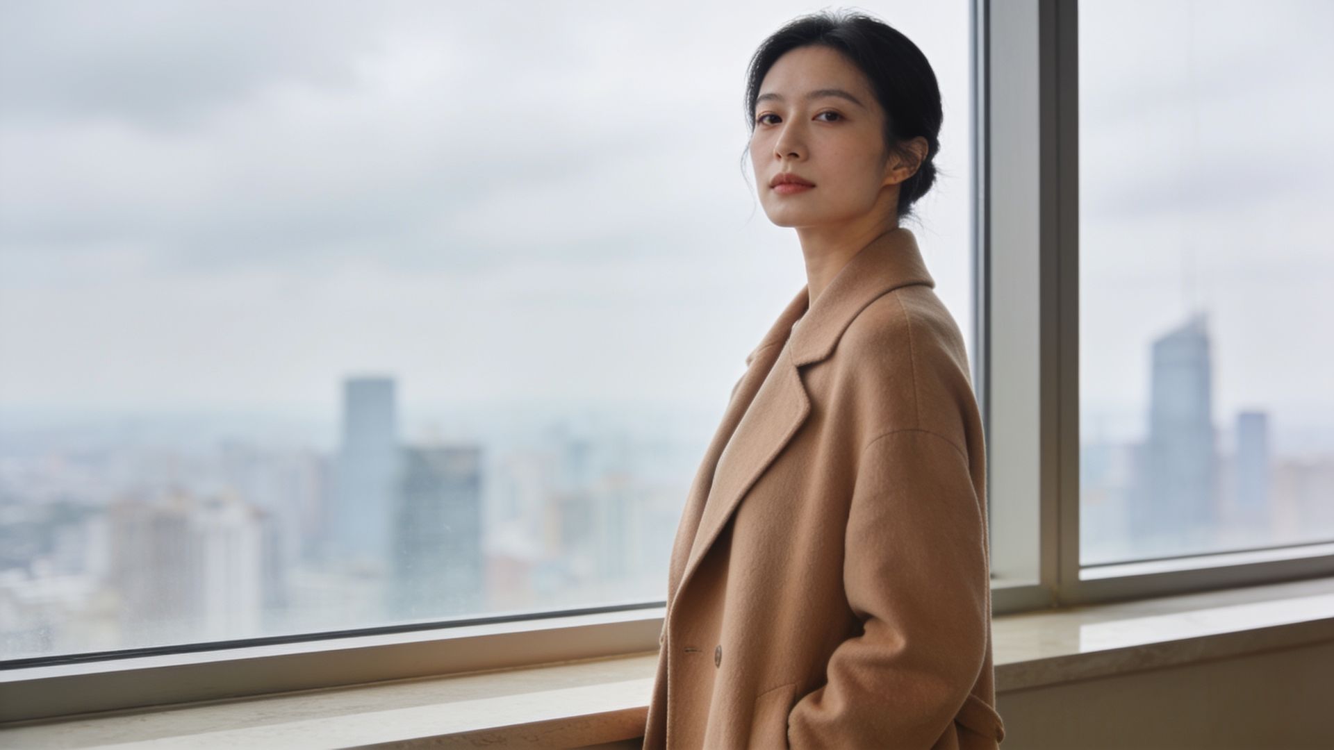 East Asian woman by a window with a city skyline behind her