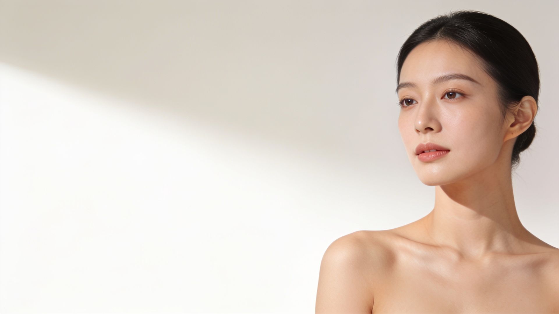 East Asian woman with luminous, even-toned skin in morning light