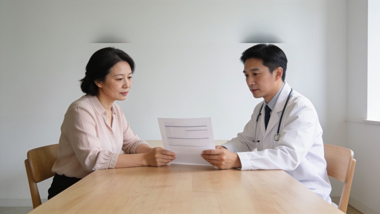 A doctor and patient reviewing a written treatment plan and consent form together at a consultation