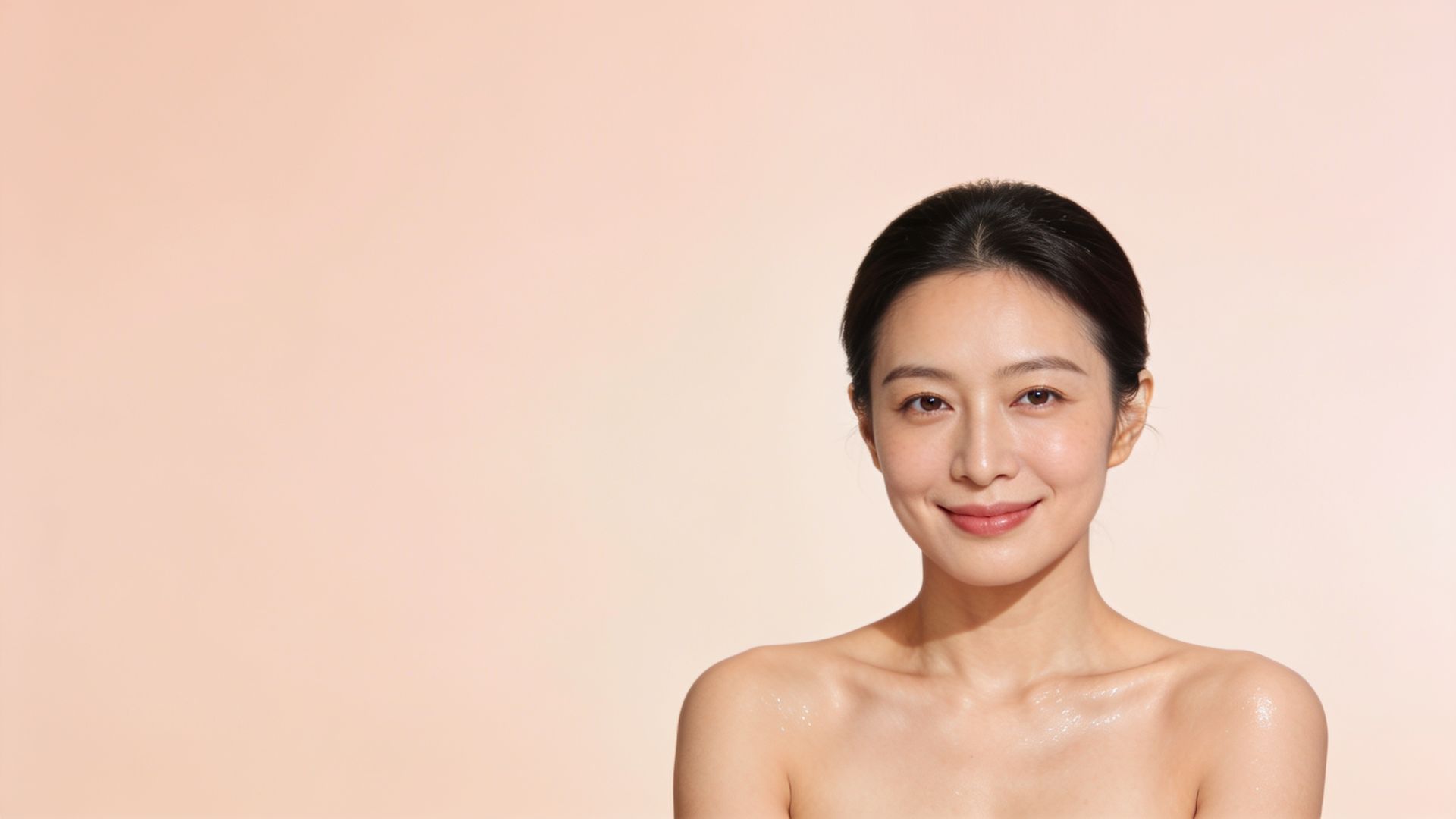 East Asian woman with dewy skin in soft daylight