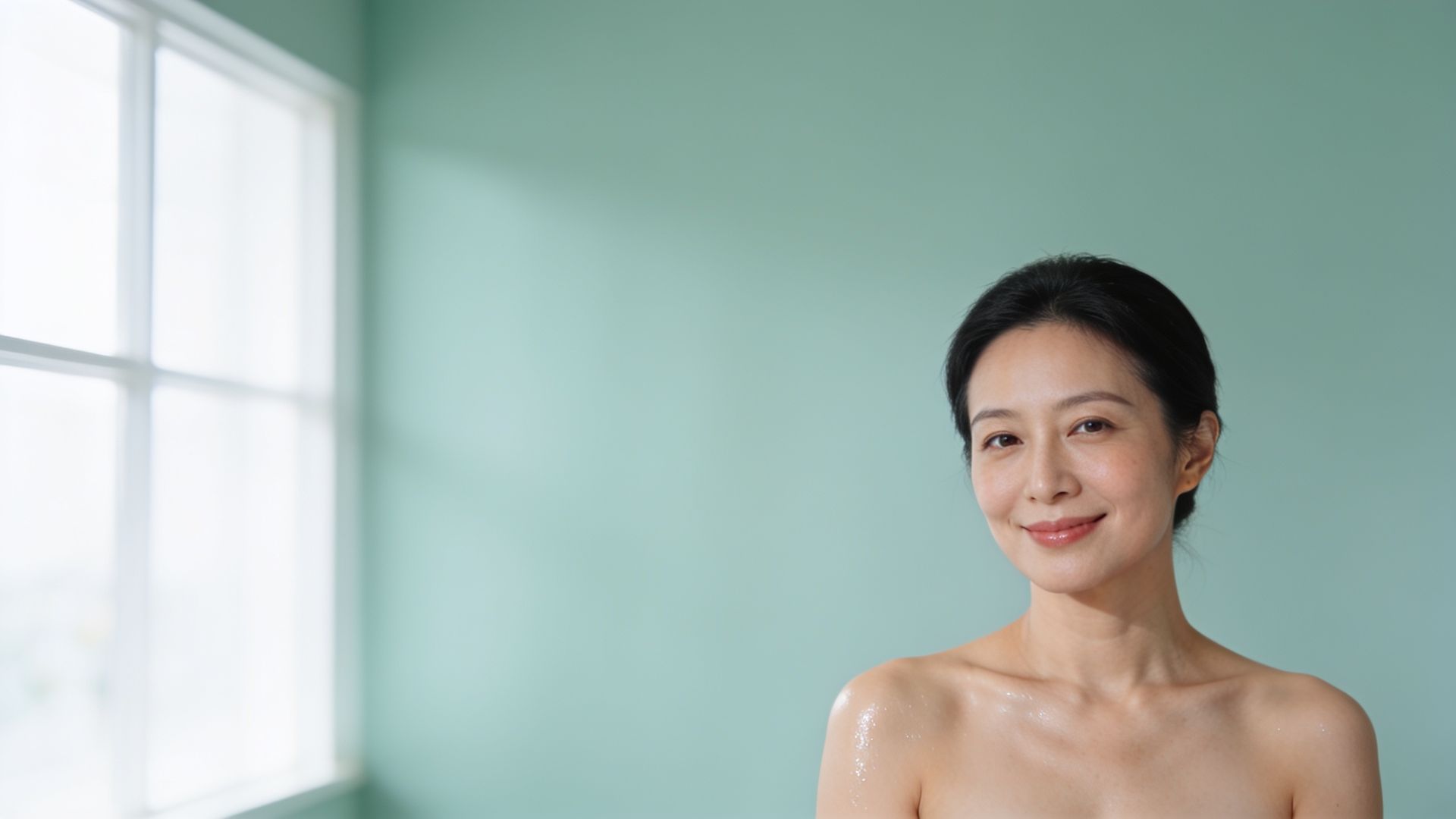 Woman in her early forties with supple, hydrated skin