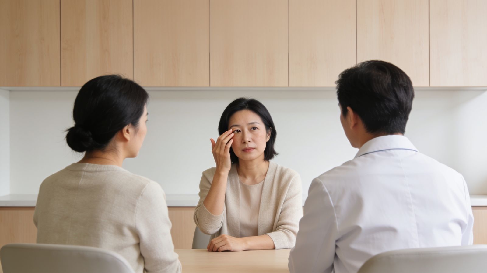 A patient pointing to the under-eye area she wants to discuss with the doctor at IN Eternity Clinic