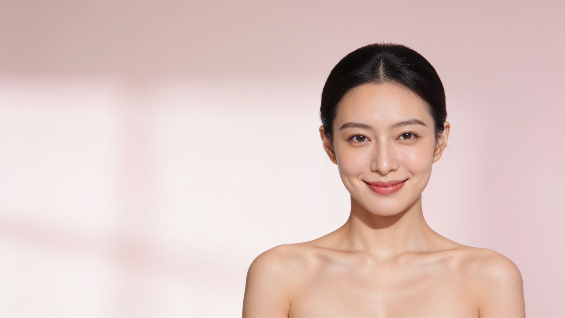 Woman in her thirties with even, hydrated skin in soft daylight