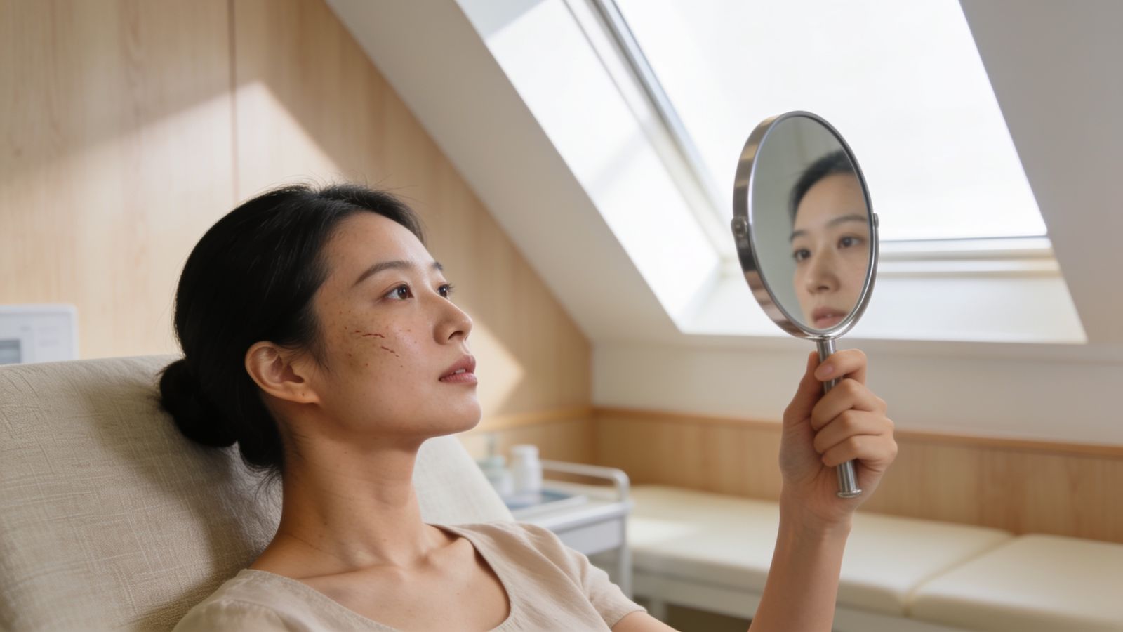 A patient checking her cheek texture in a mirror under angled light