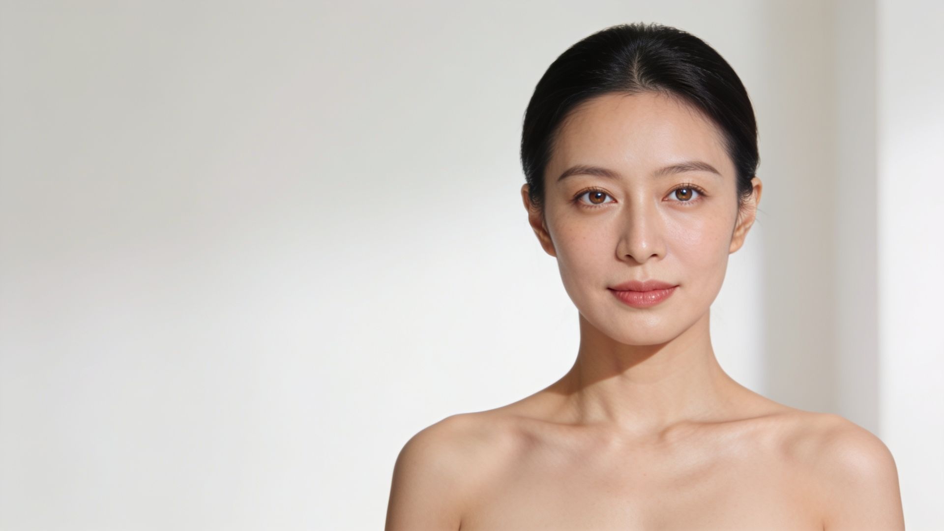 Woman in her late thirties with rested-looking eyes in soft daylight
