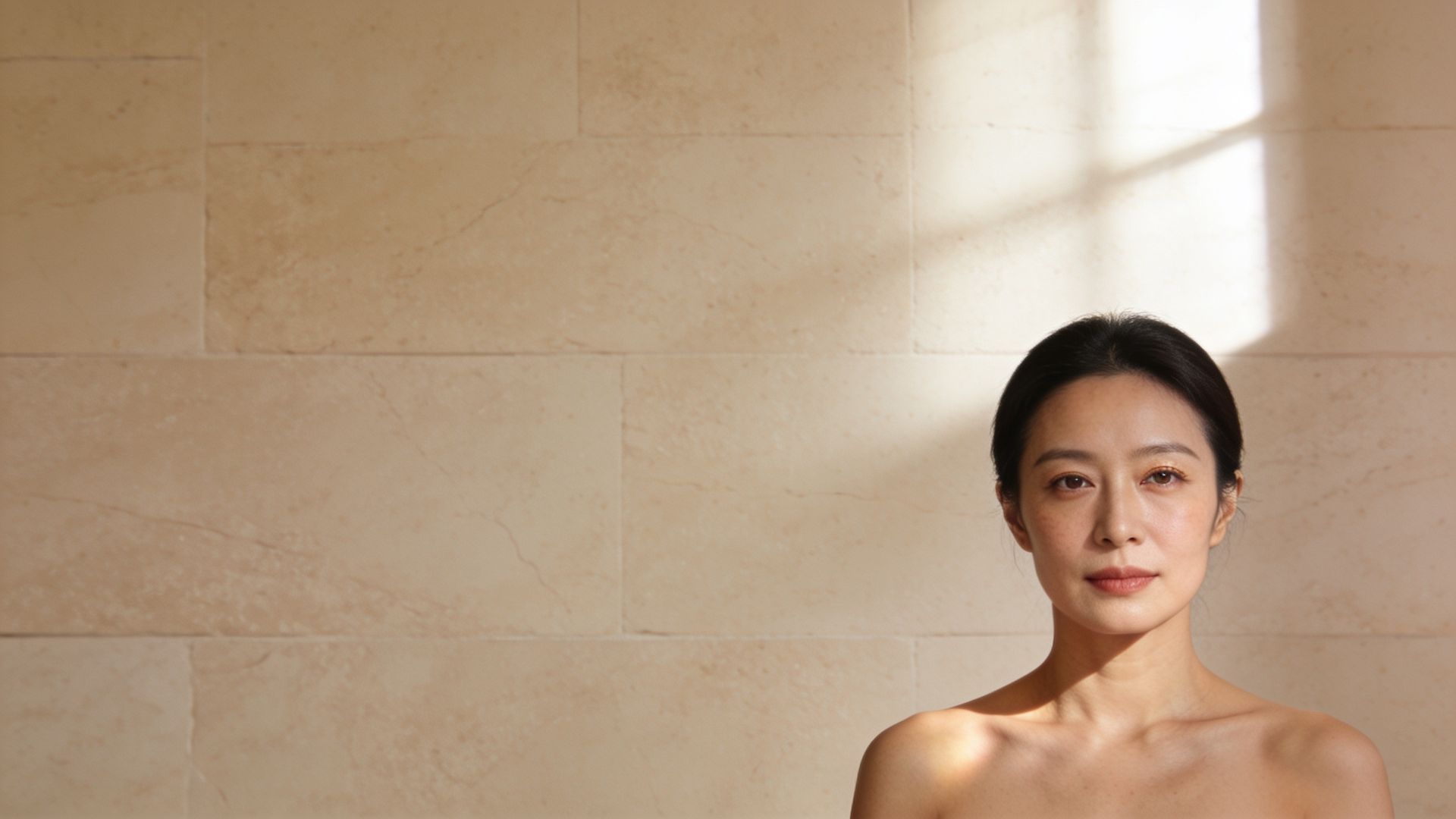 East Asian woman in soft window light showing the under-eye area