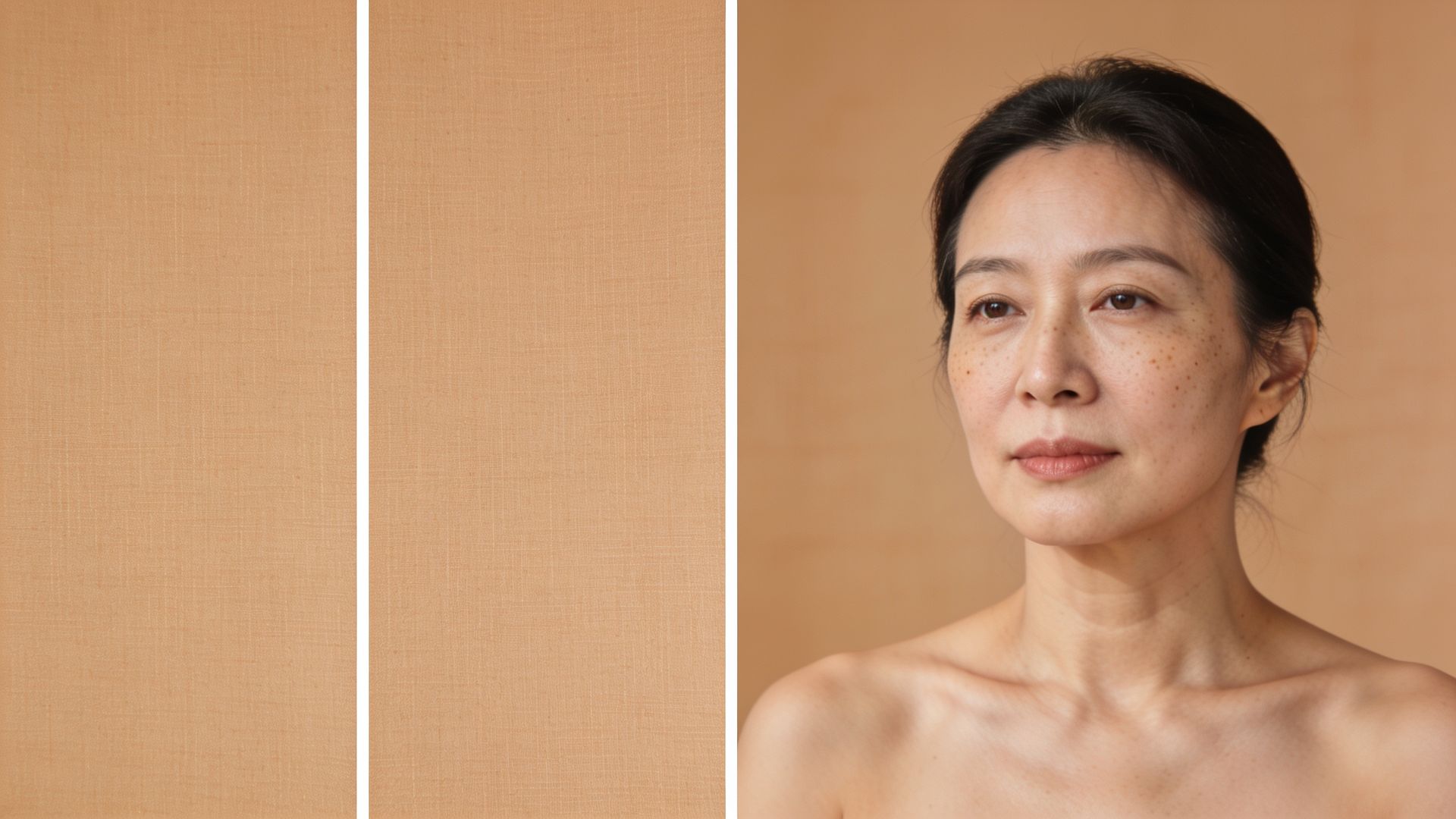 East Asian woman with soft freckles in shaded daylight