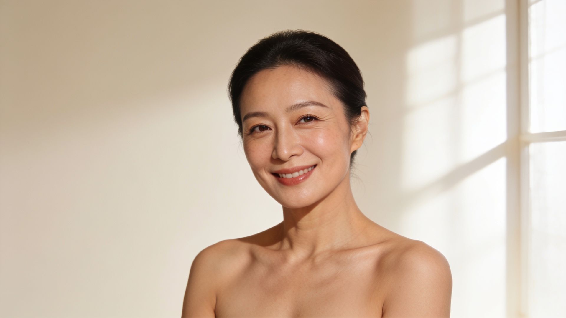 A woman in her early forties smiling, with natural crow’s feet at the outer corners of her eyes.