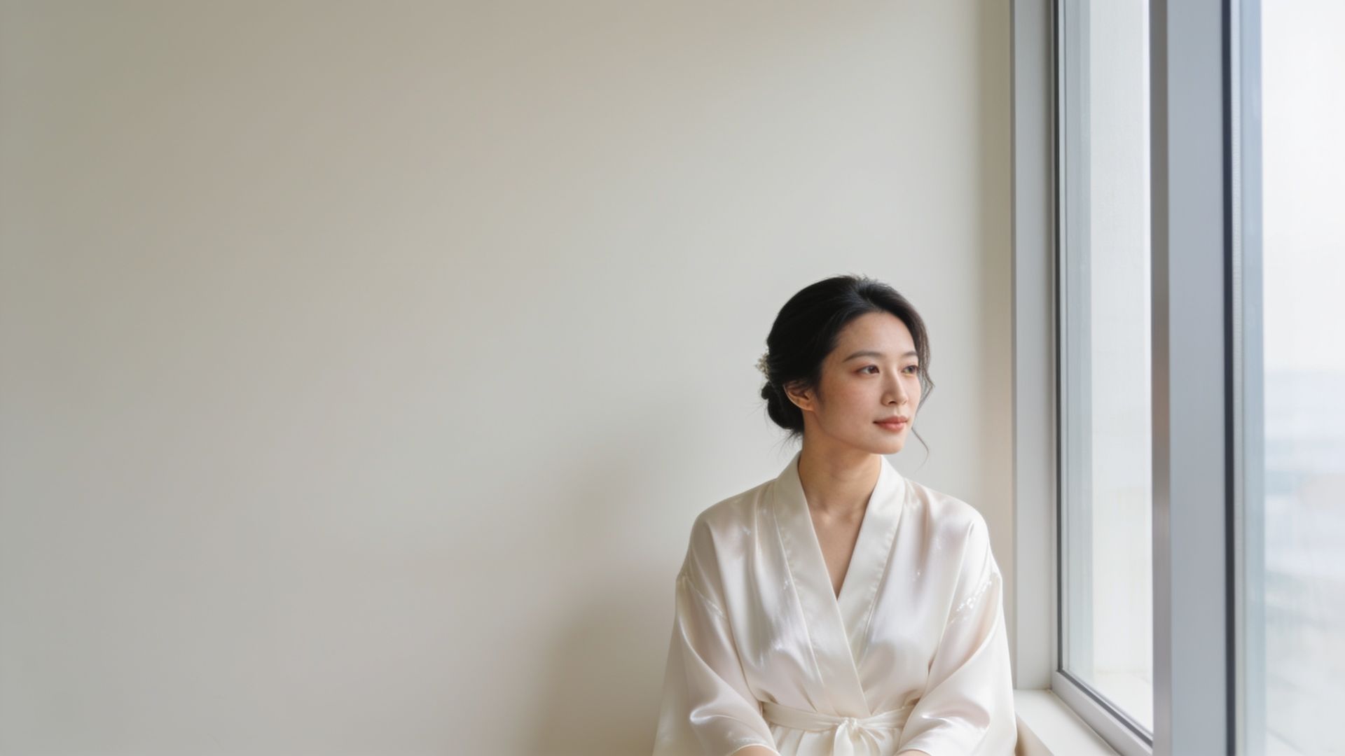 Bride-to-be with calm, hydrated skin by a window before her wedding