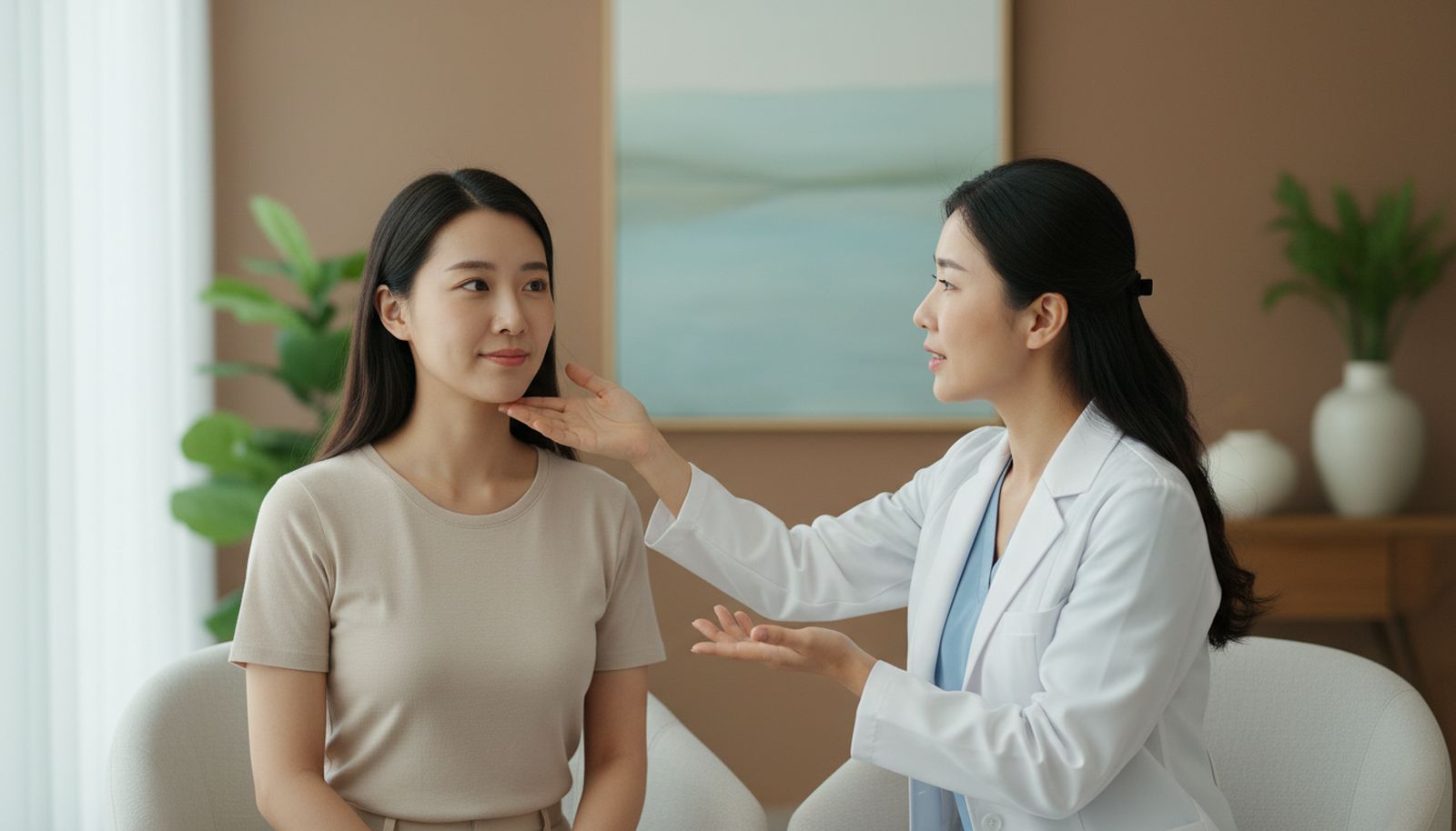 Doctor explaining jawline contours to a patient at IN Eternity Clinic