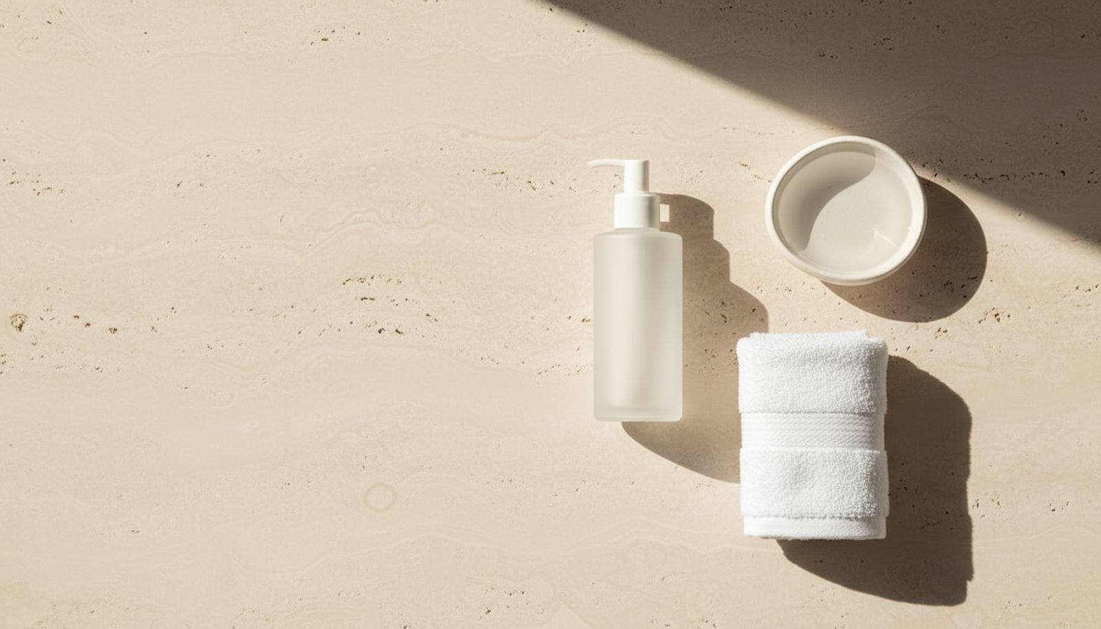 Smooth pebbles and a folded cotton cloth on marble, suggesting calm, rested eyes.