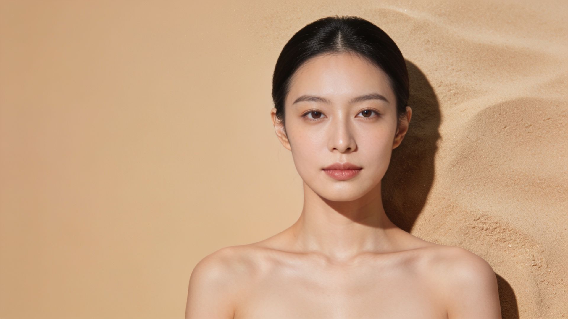 East Asian woman in three-quarter view with smooth skin texture
