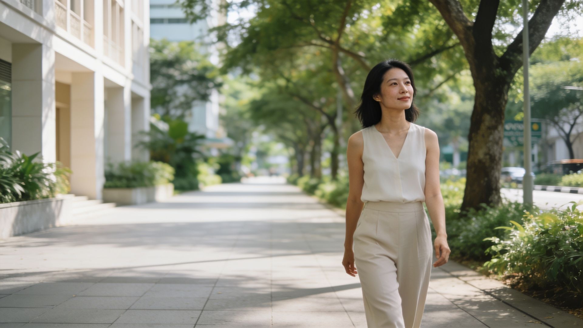 女士在乌节路附近的林荫步道上散步