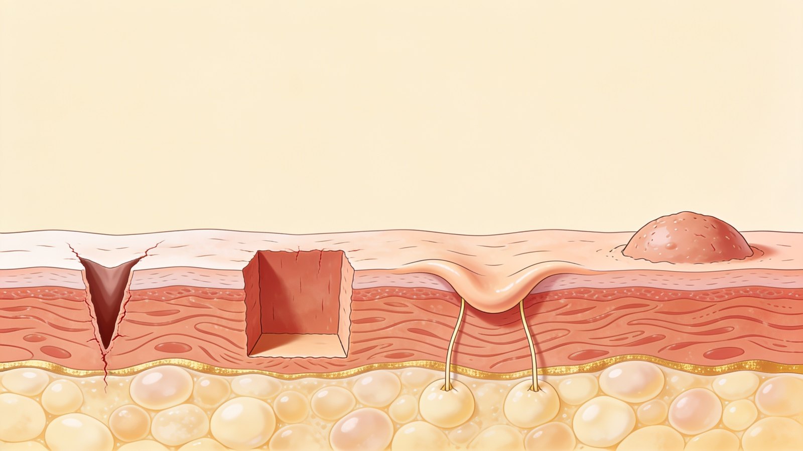 Illustration of acne scar types in a stylised skin cross-section: a narrow ice-pick pit, a flat-floored boxcar scar, a rolling scar tethered by fibrous bands, and a raised scar