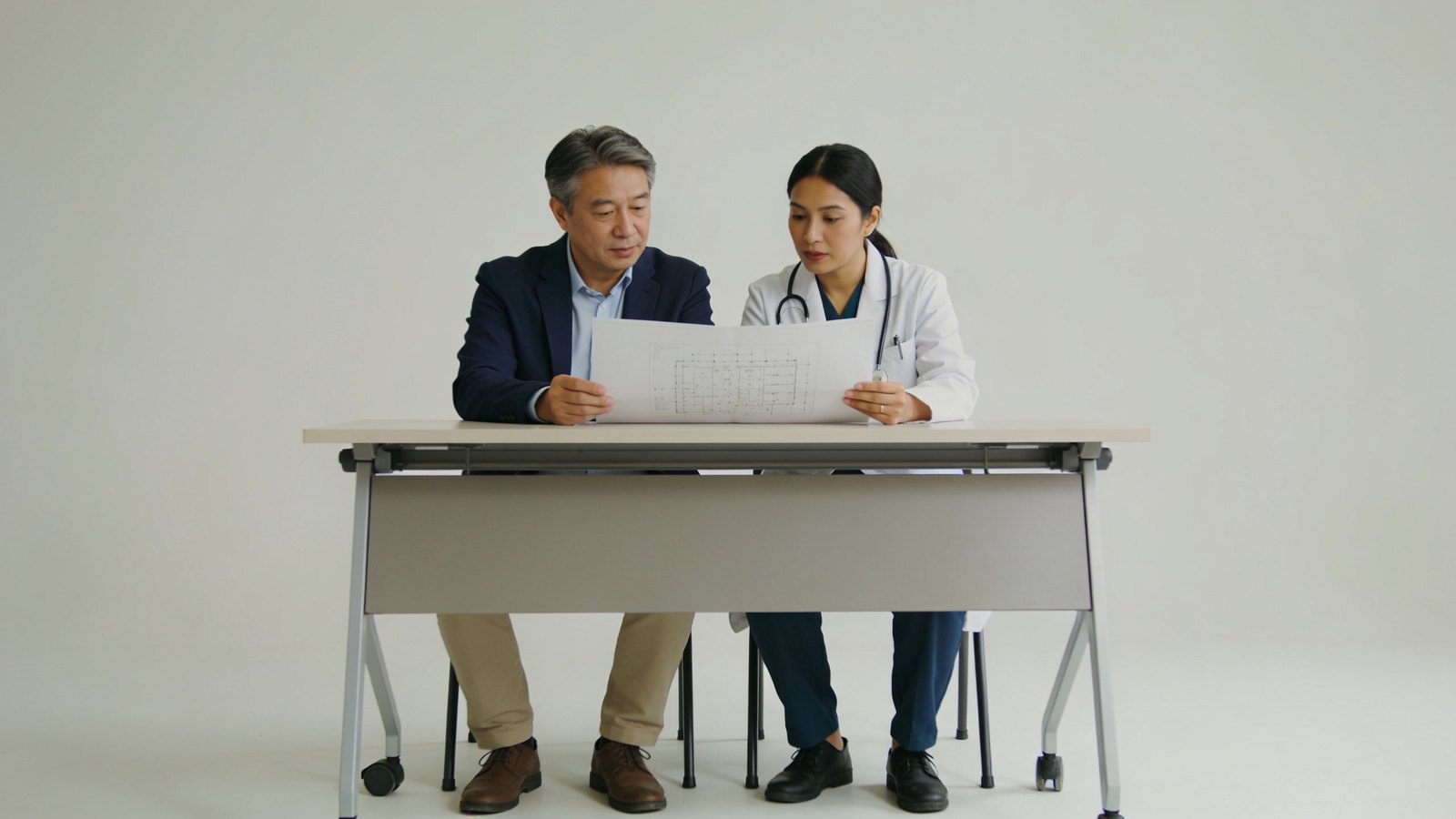 A doctor and a patient reviewing a written treatment plan together at a consultation desk