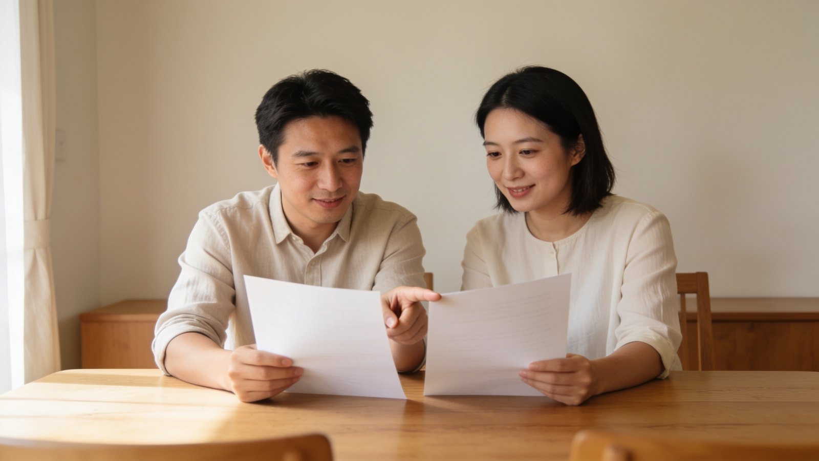 A couple in their thirties at home reading through printed notes together at a dining table in daylight