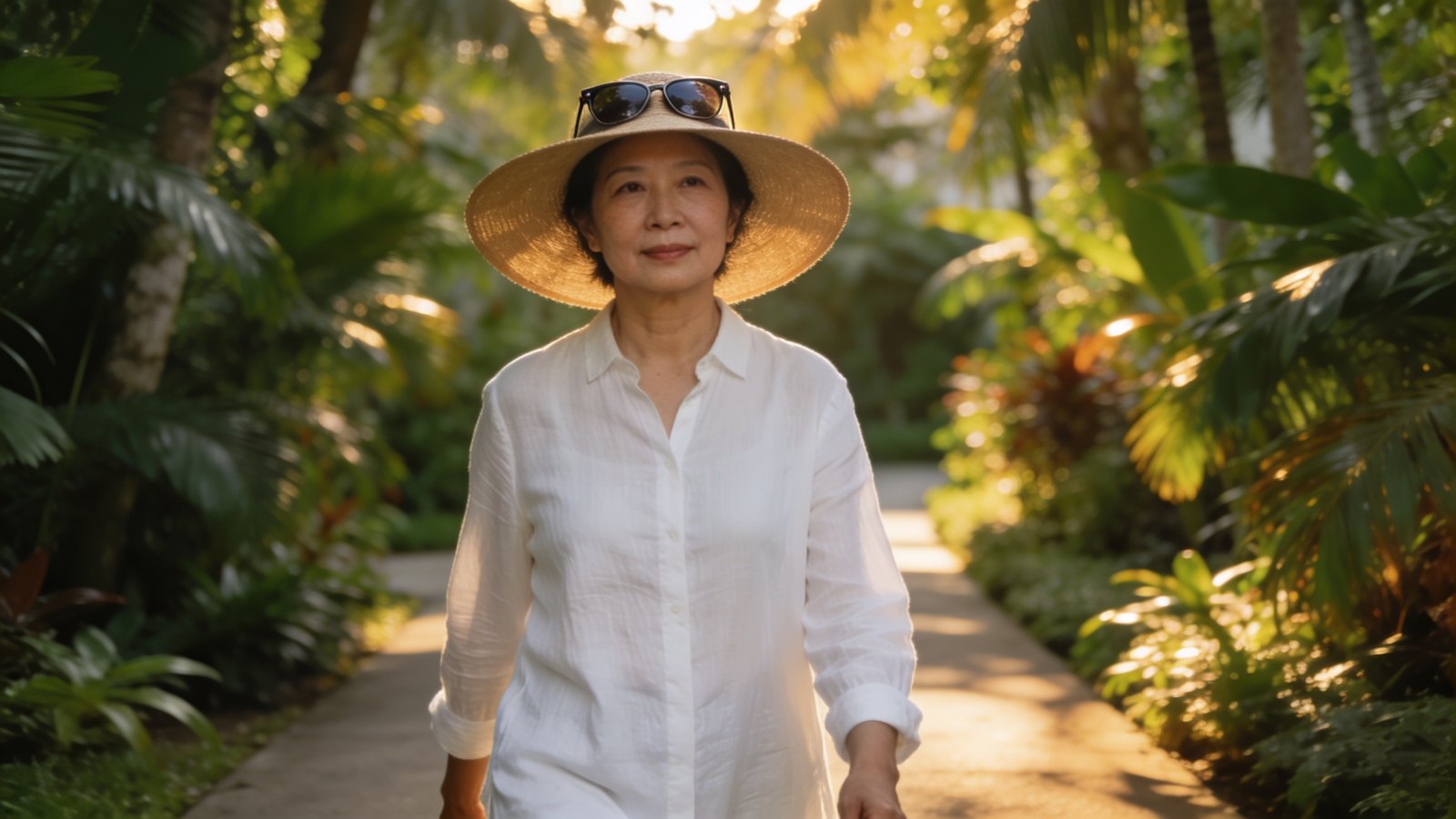 A Chinese Singaporean woman in her fifties in a sun hat and long sleeves walking along a shaded garden path in soft light, her whole face and head in frame
