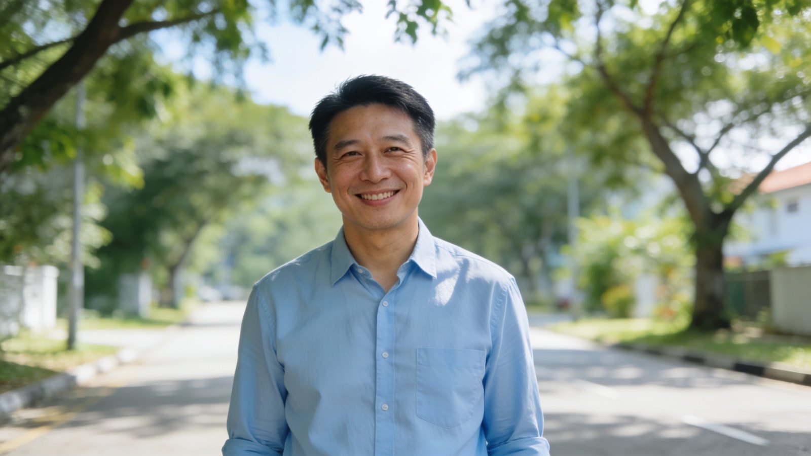 A Chinese Singaporean man in his forties smiling naturally outdoors in soft shade, his whole head and face in frame