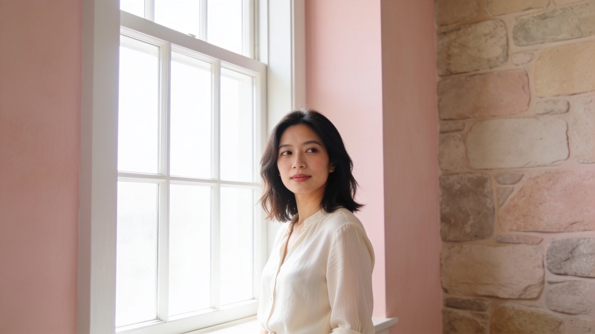 Southeast Asian woman in her thirties with a natural, relaxed expression standing by a bright window, representing facial asymmetry treatment at IN Eternity Clinic, Singapore