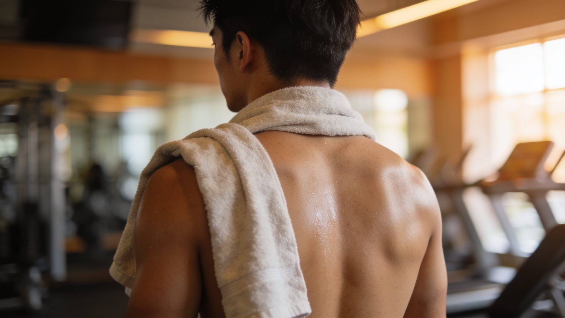 A man with a towel over his shoulder after a workout, seen from behind (illustrative image)