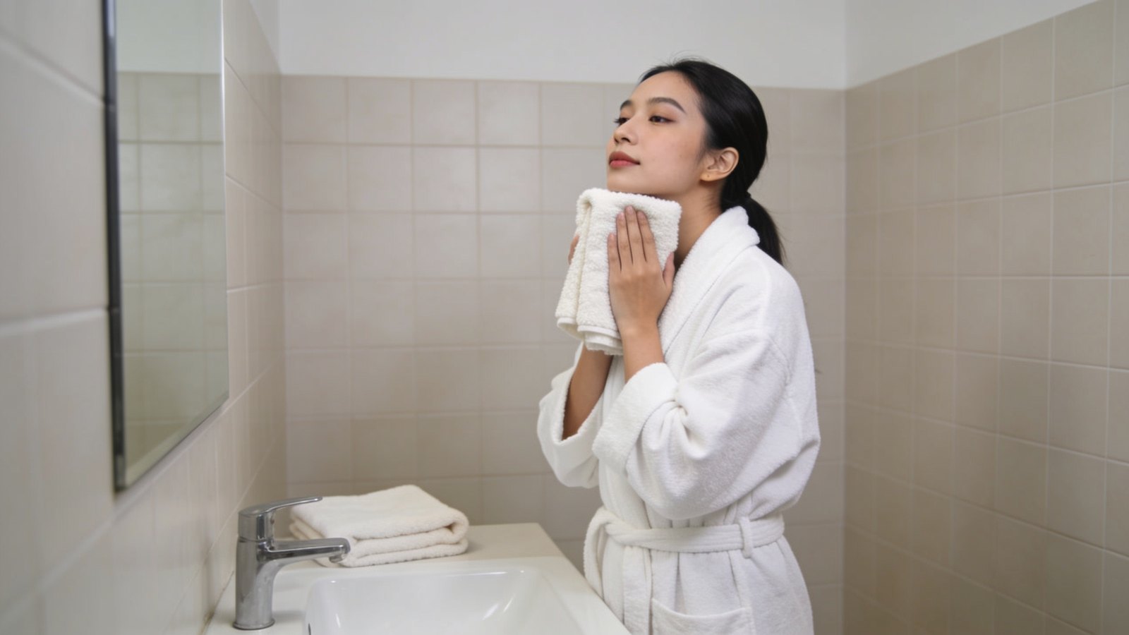 A Southeast Asian woman in her twenties applying a warm cloth to her chin at a bathroom basin, her whole face and head in frame