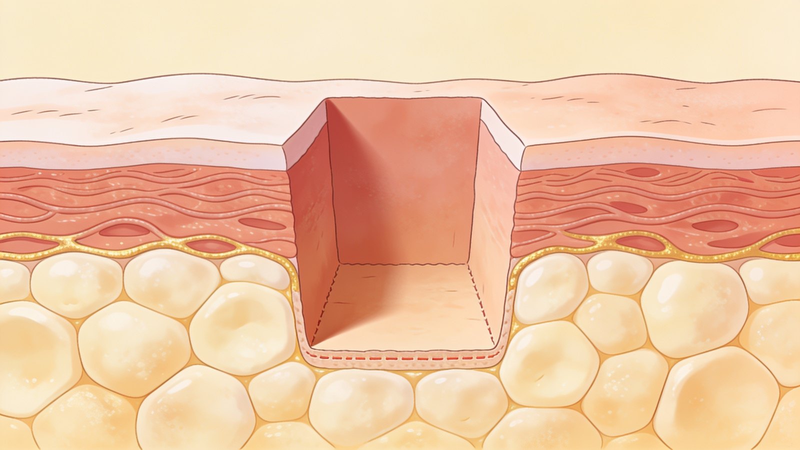 Stylised skin cross-section illustration of a boxcar acne scar: a wide depression with steep vertical walls and a flat floor