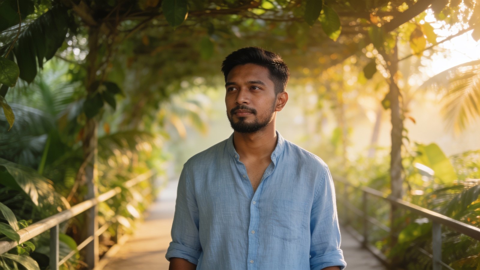 A Malay man in his early thirties outdoors in soft morning light, calm expression, his whole head and face in frame