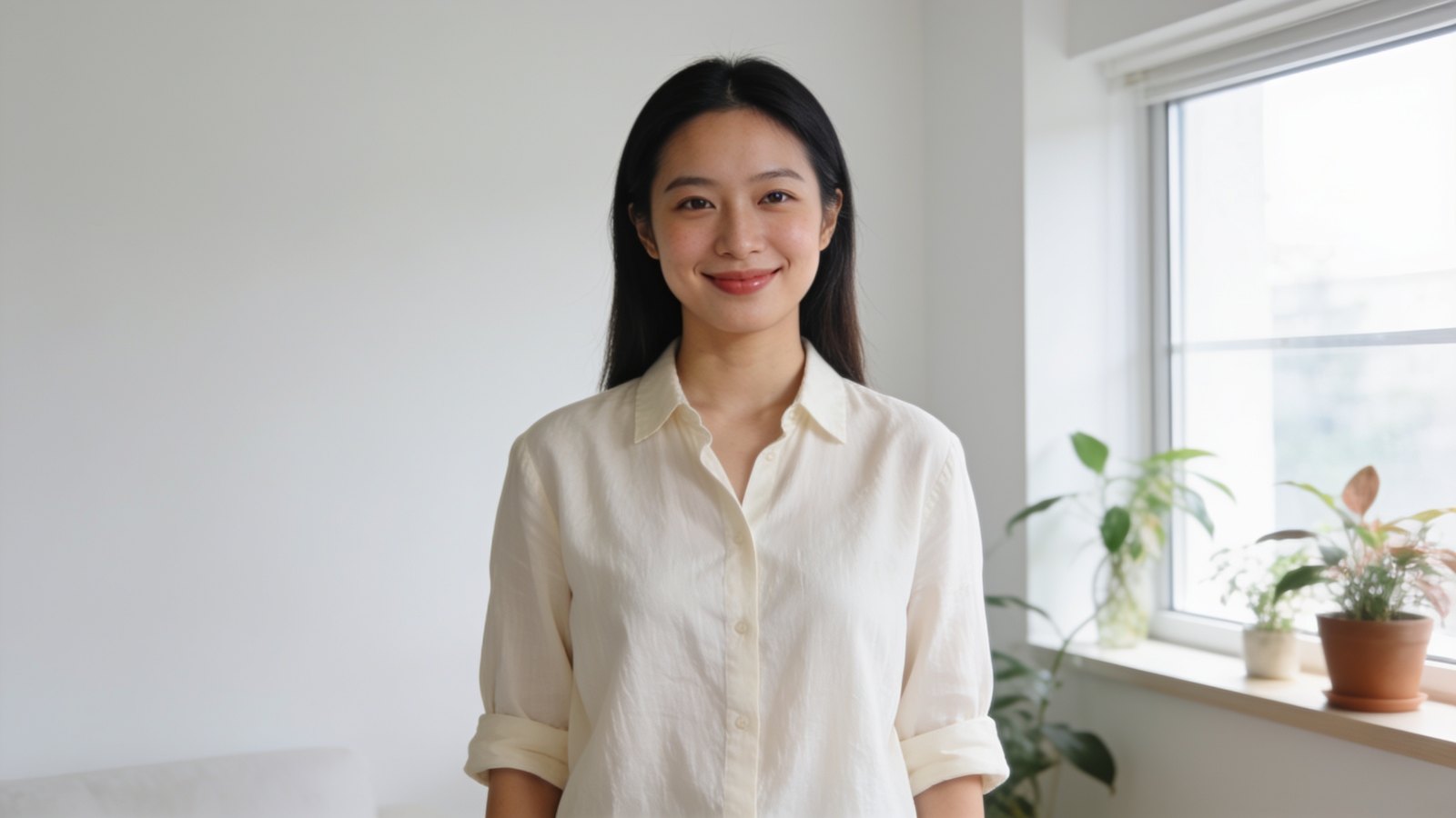 A Chinese Singaporean woman in her twenties with a soft, rounded face smiling in natural window light, her whole face and head in frame