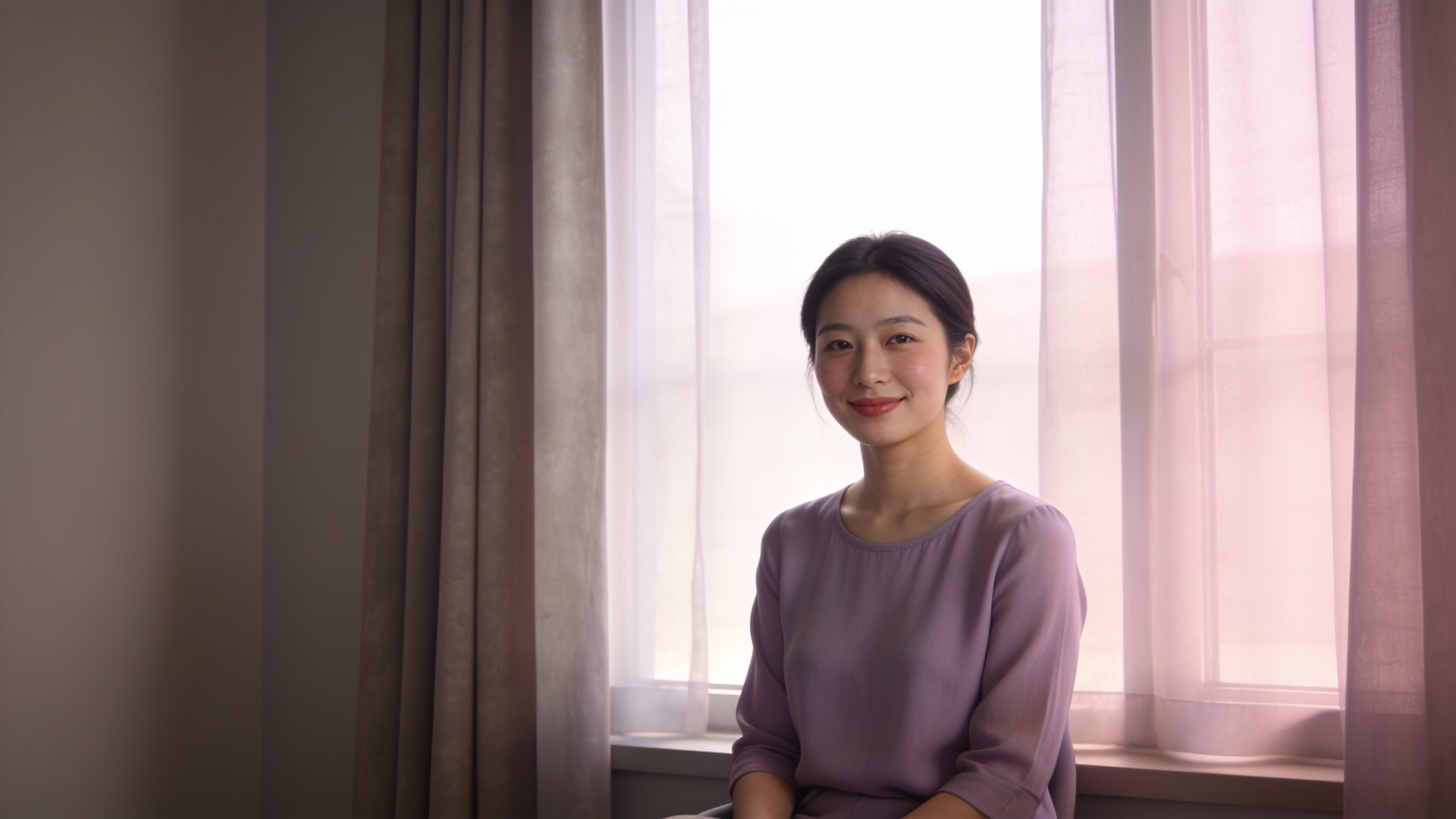 An East Asian woman in her twenties with a soft, youthful face in natural window light, illustrating buccal fat and face-shape assessment at IN Eternity Clinic