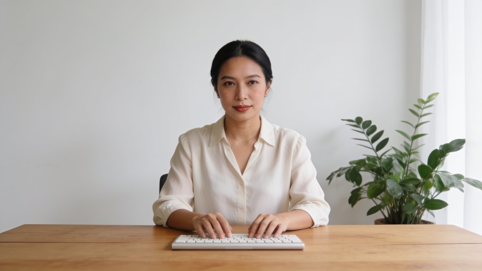 A Southeast Asian woman in her thirties working at a laptop with her hand away from her face, her whole head and face in frame