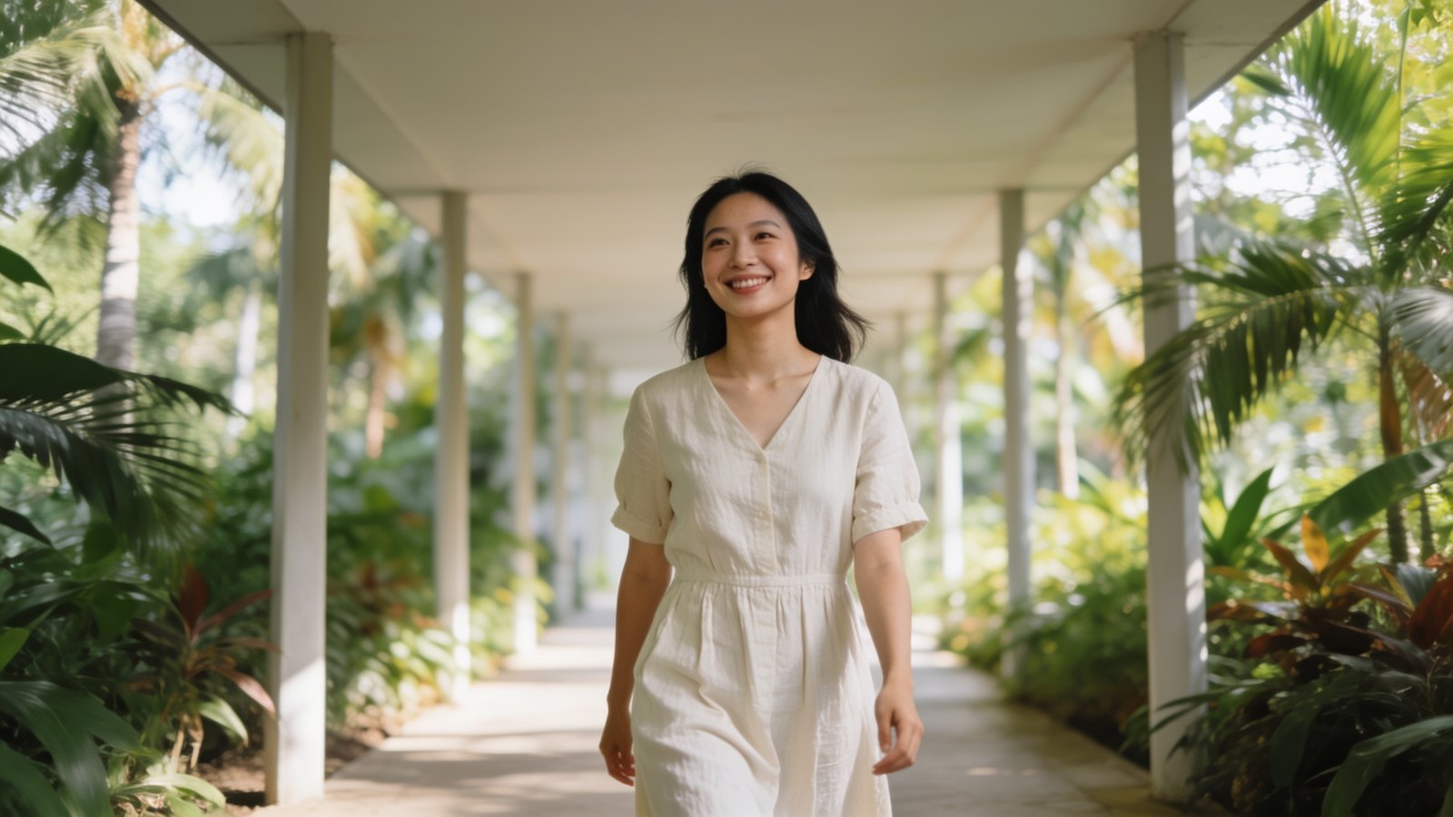A Chinese Singaporean woman in her late twenties smiling on a shaded walkway, her whole head and face in frame