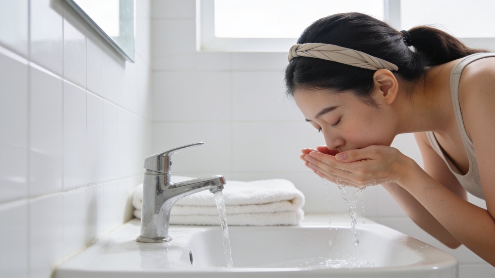 A Chinese Singaporean woman in her twenties rinsing her face with water at a bright bathroom basin, her whole face and head in frame