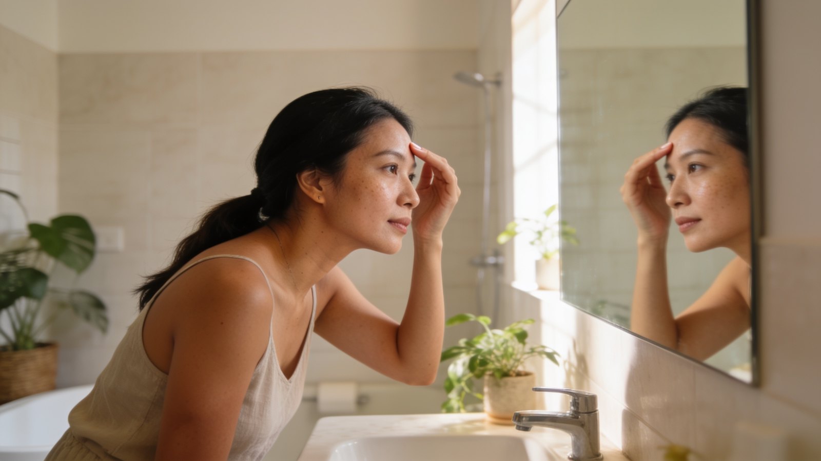 A woman in her late twenties examining the skin texture on her forehead in a bathroom mirror in soft daylight