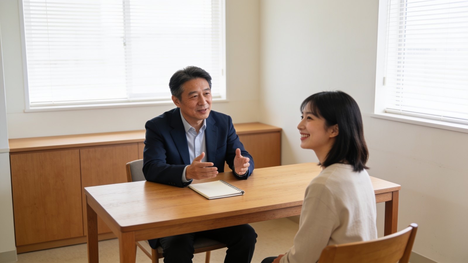 A doctor in conversation with a young woman at a consultation desk, both seated and smiling, in a calm clinic room