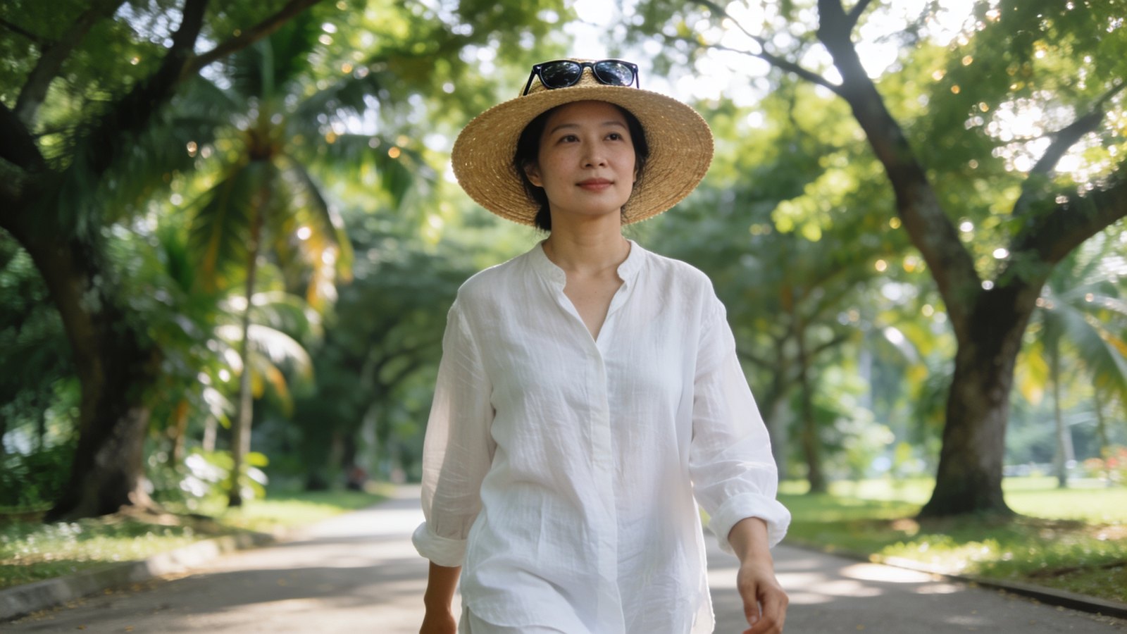 A Chinese Singaporean woman in her late thirties in a wide-brimmed hat walking under shade trees on a bright day, her whole head and face in frame