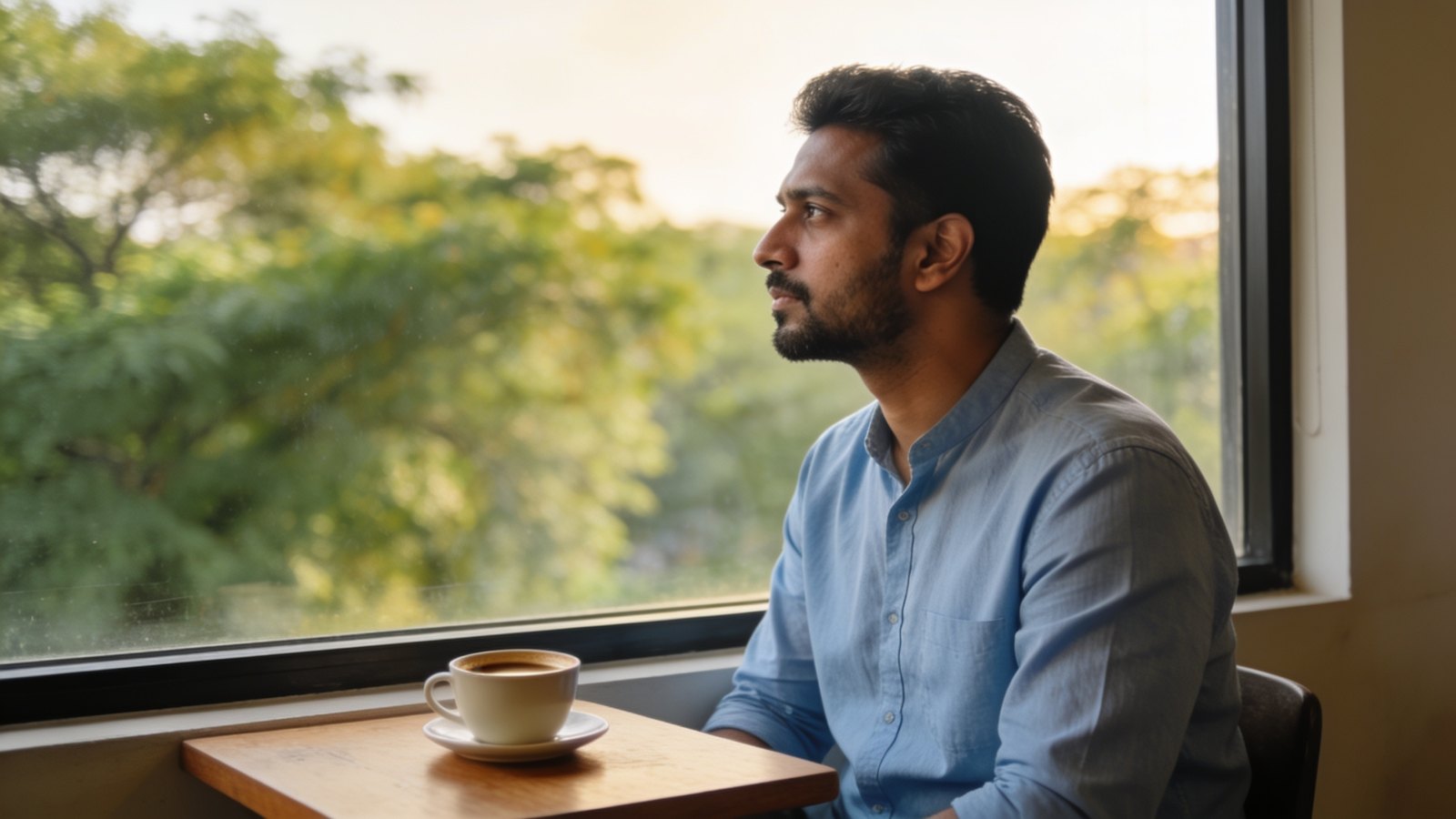 A man in his late thirties with healthy skin sitting at a café table in soft afternoon light, his whole head and face in frame