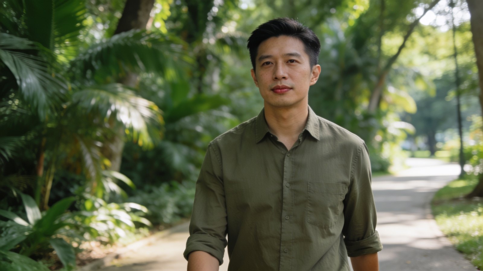 A man in his thirties with healthy skin walking along a shaded path among tropical greenery, his whole head and face in frame
