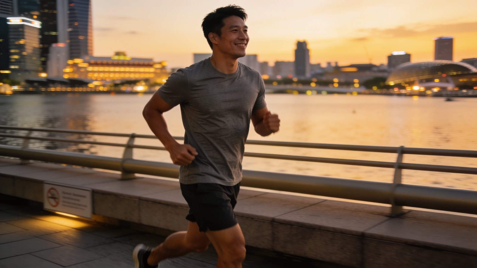 An East Asian man in his thirties walking along a waterfront promenade in Singapore at dusk, his whole head and face in frame