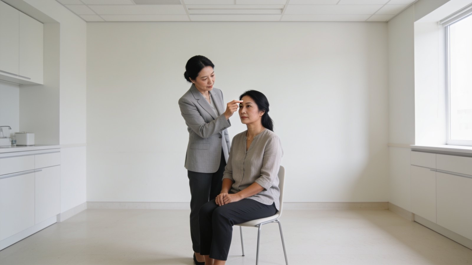 A doctor gently assessing the brow position of a seated woman in her forties during a consultation