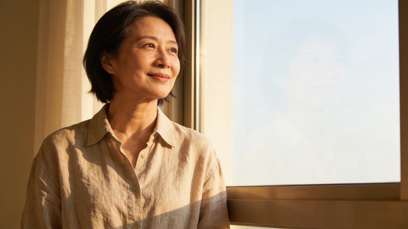 A woman in her fifties with bright, open eyes smiling softly in natural daylight by a window