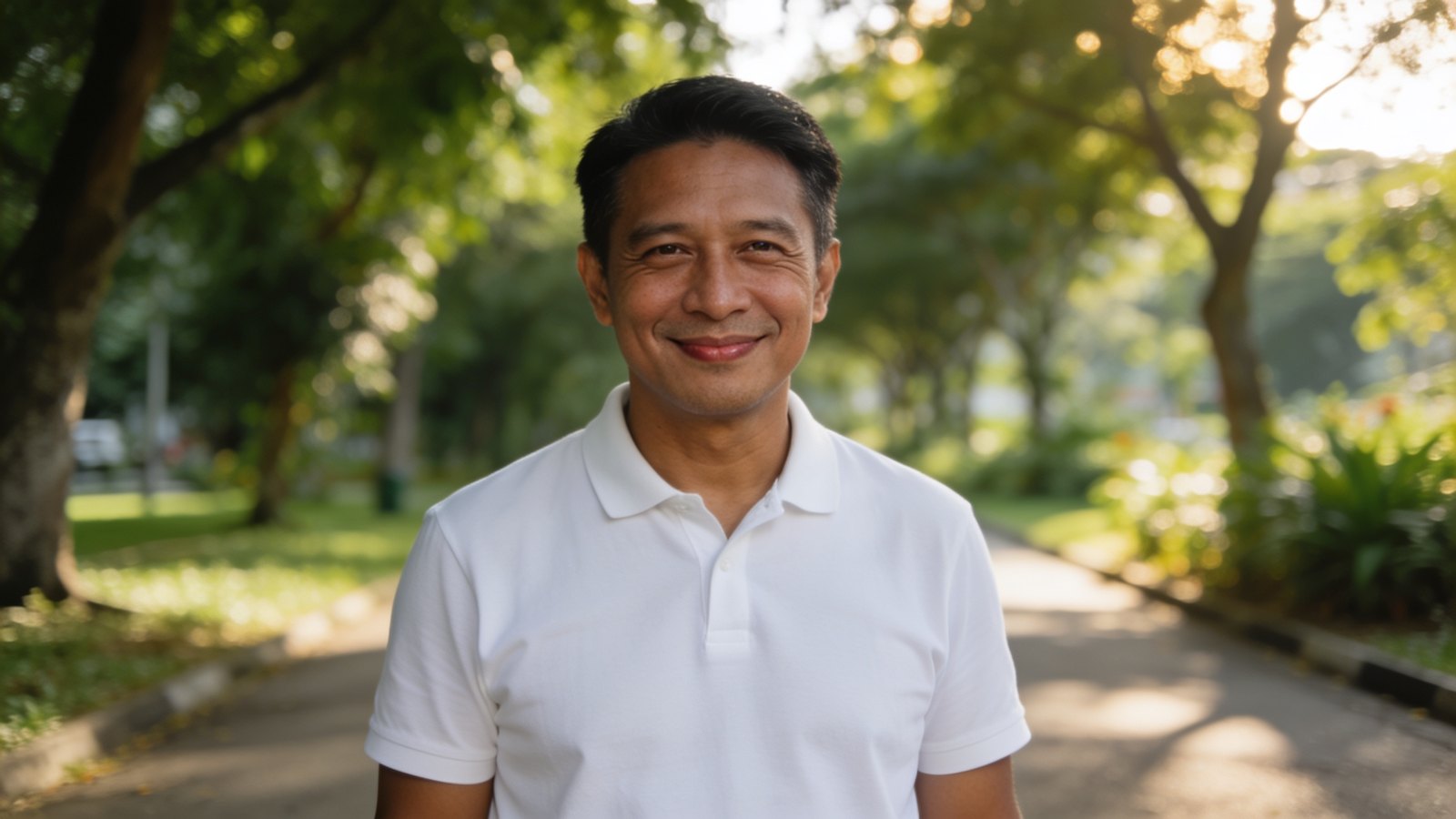 A man in his forties wearing sunglasses pushed up on his head, smiling gently outdoors in the shade, his whole head and face in frame