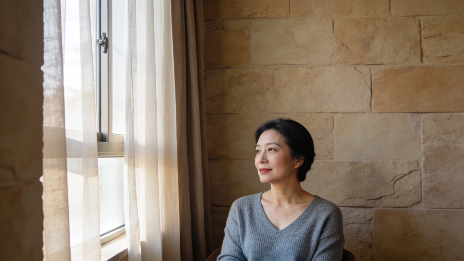 East Asian woman in her forties with natural, gently lined skin around her eyes in soft daylight, representing eye wrinkle treatment at IN Eternity Clinic, Singapore