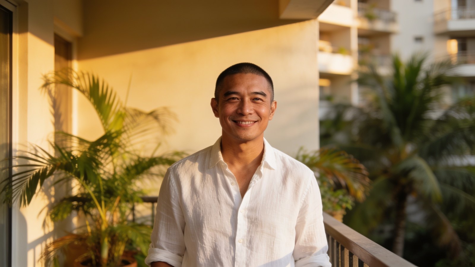 East Asian man in his forties with a neat buzz-cut look and natural brows, standing on a shaded balcony, whole head and full face in frame