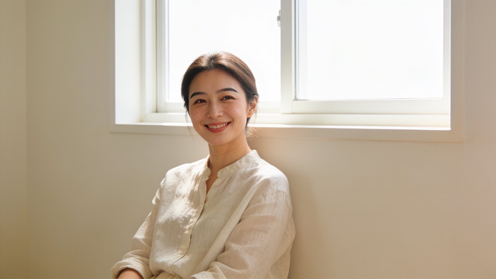 East Asian woman in her early thirties with soft, natural-looking brows, smiling by a bright window, her whole head and face in frame
